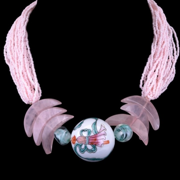 Jewelry - Rose Quartz Necklace with Cloisonne Chinese-style Pendant 16”‎